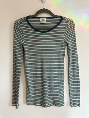 Lacoste Striped Rib Knit Long Sleeve Top, Pink and Green, US Size XS